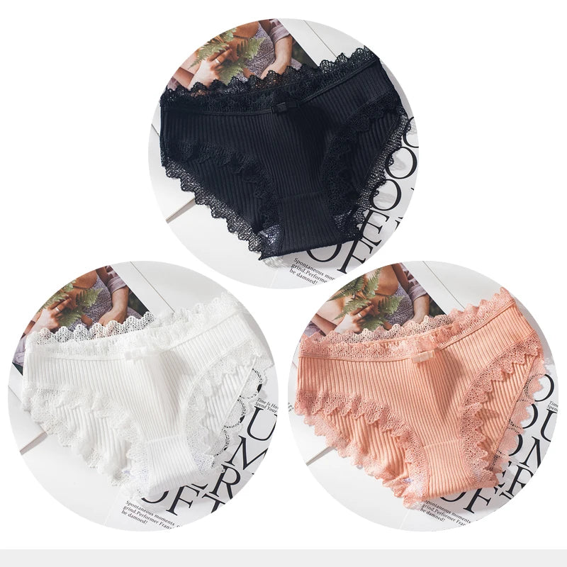 Bragas de algodón para mujer, bragas de encaje sexis, bragas de Color sólido para niñas, juego de ropa interior, ropa interior, Dropshipping 3 unids/lote