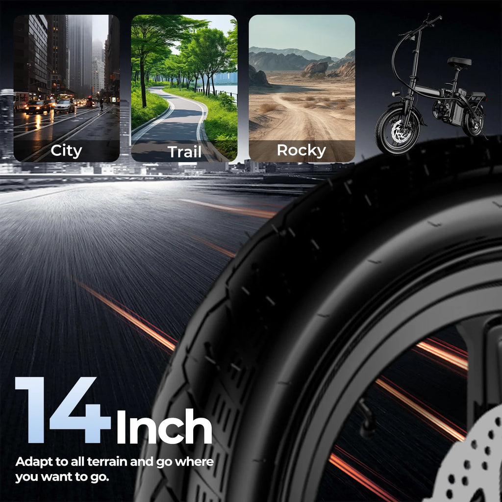 Bicicletas eléctricas para adultos de 560W, 24MPH, batería extraíble de 48V10.4AH, bicicleta eléctrica plegable de 14 pulgadas, bicicleta eléctrica con absorción de impactos múltiple