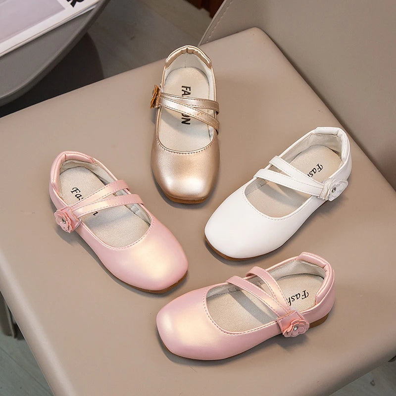 Zapatos de princesa para niñas, zapatos de cuero para niñas medianas y grandes, zapatos planos informales con flores florales para espectáculo de cumpleaños y bodas