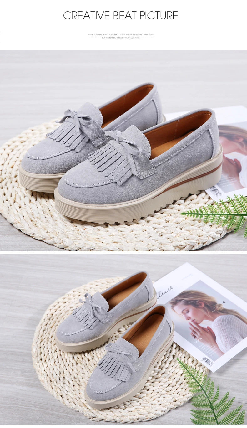 WOIZGIC, zapatos de piel de ante vacuno para mujer, zapatos planos con plataforma y flecos antideslizantes para otoño, zapatos vulcanizados Nowknot