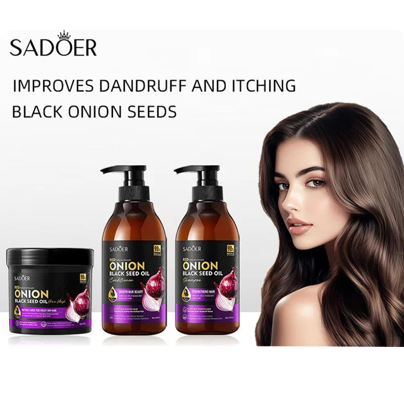 SADOER Champús de Cebolla y Mascarilla Capilar con Aceite de Semillas Negras 500g Set de Aceite Capilar Suavizante Reparador para Cabello Seco y Dañado Nutrición Profunda Cuidado del Brillo