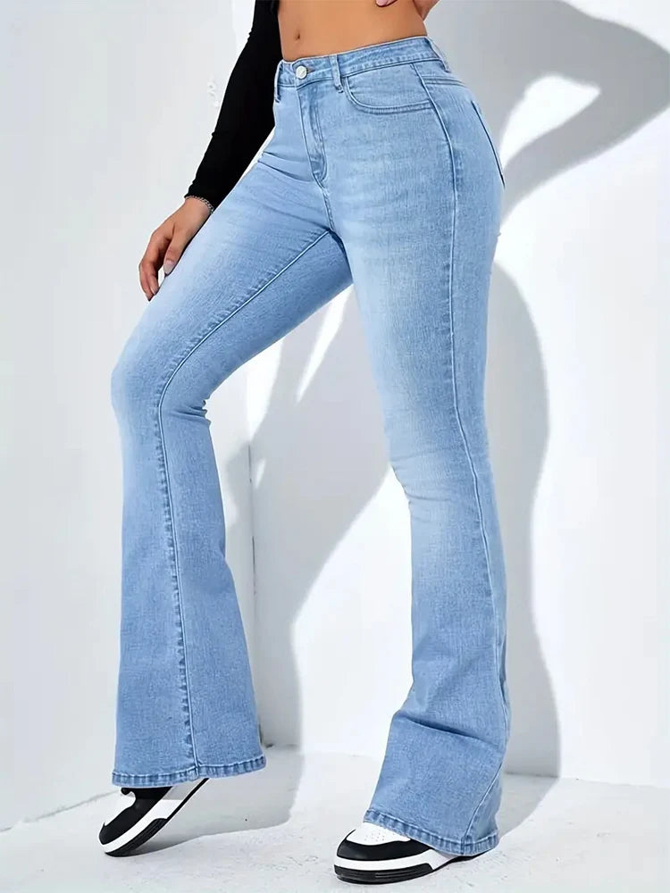 Pantalones vaqueros elásticos acampanados con bigote para mujer, pantalones vaqueros grises de cintura alta con parte inferior acampanada, pantalones largos Punk clásicos Y2K para mujer