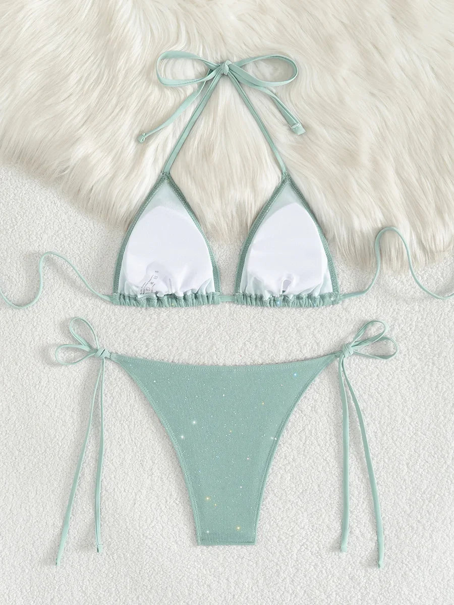 Bikini brillante con tiras y cuello Halter, Bikinis de corte alto para mujer, traje de baño para mujer, conjunto de Bikini de dos piezas, traje de baño 2025