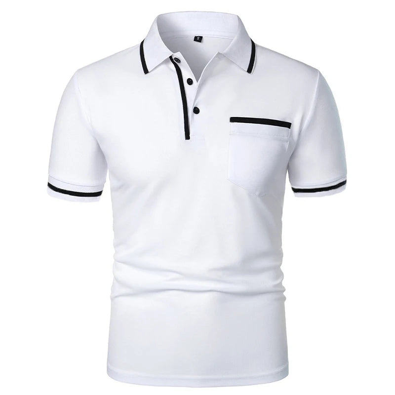 Nuevas camisas Polo de manga corta para hombre, camiseta informal de Color sólido, camisas de verano a la moda transpirables holgadas básicas con empalme y bolsillos superiores para hombre