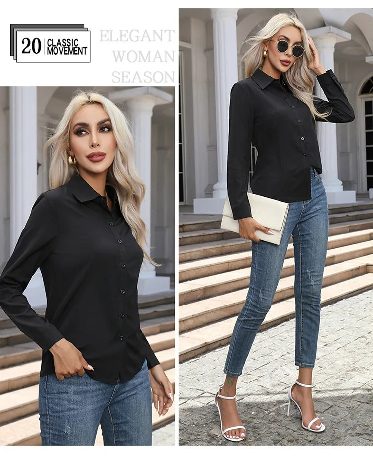 Blusa Elegante de Gasa con Botones para Mujer, Camisa Informal de Manga Larga con Cuello Camisero para Primavera y Verano, Blusa Tipo Túnica para Oficina