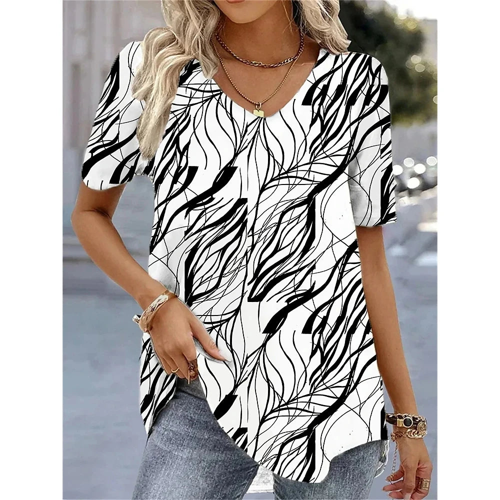 Camiseta con cuello en V para mujer, camiseta de manga corta con estampado 3D, camiseta informal holgada en blanco y negro, ropa de calle a la moda, jersey para mujer