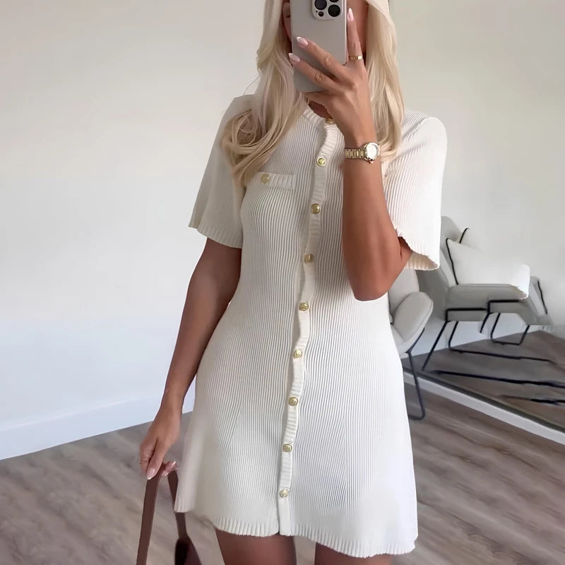 Minivestido blanco elegante de punto para mujer, suéter Sexy ajustado con botones de Metal, trajes de fiesta de vacaciones, otoño 2024
