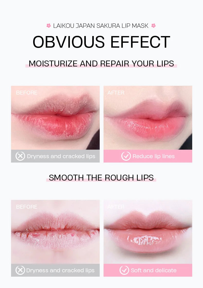 LAIKOU-mascarilla de suero labial de flor de cerezo, reparación de exfoliación de grietas secas, Reduce las líneas finas de los labios, esencia hidratante, cuidado de belleza Sakura, 8g