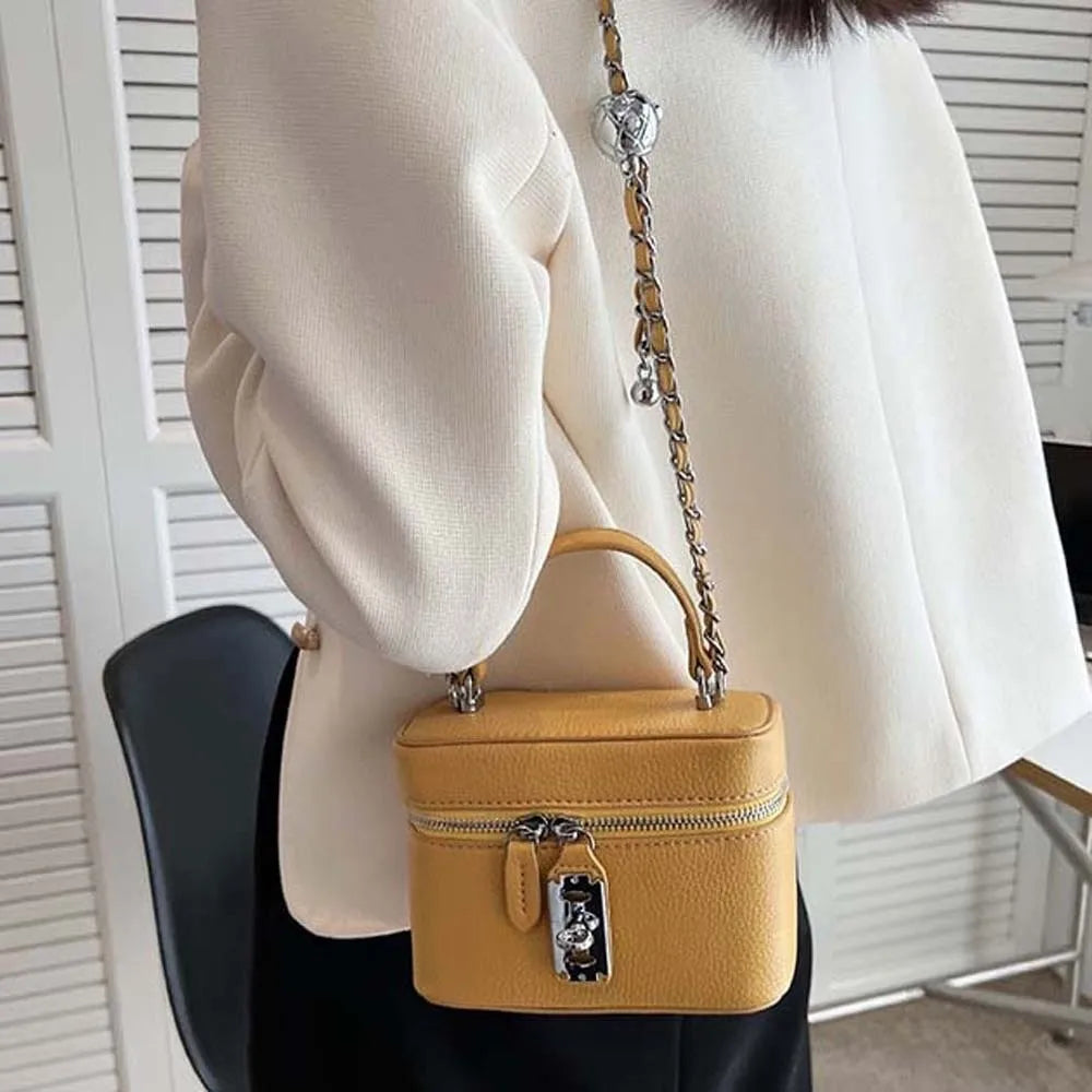 Bolso de mano cuadrado compacto con textura granulada, cierre de cremallera, estilo macaron, de cuero vegano, construcción sólida.