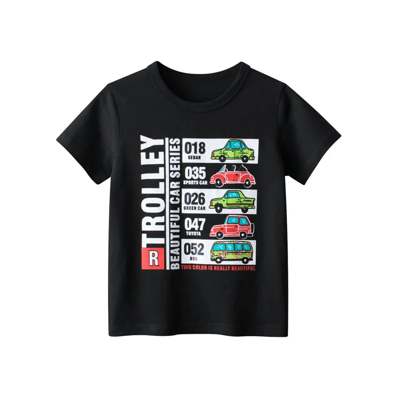 Camisetas cortas de manga corta para niños, 2023 algodón, oso, coche, animales, dibujos animados, Top deportivo informal, 100%