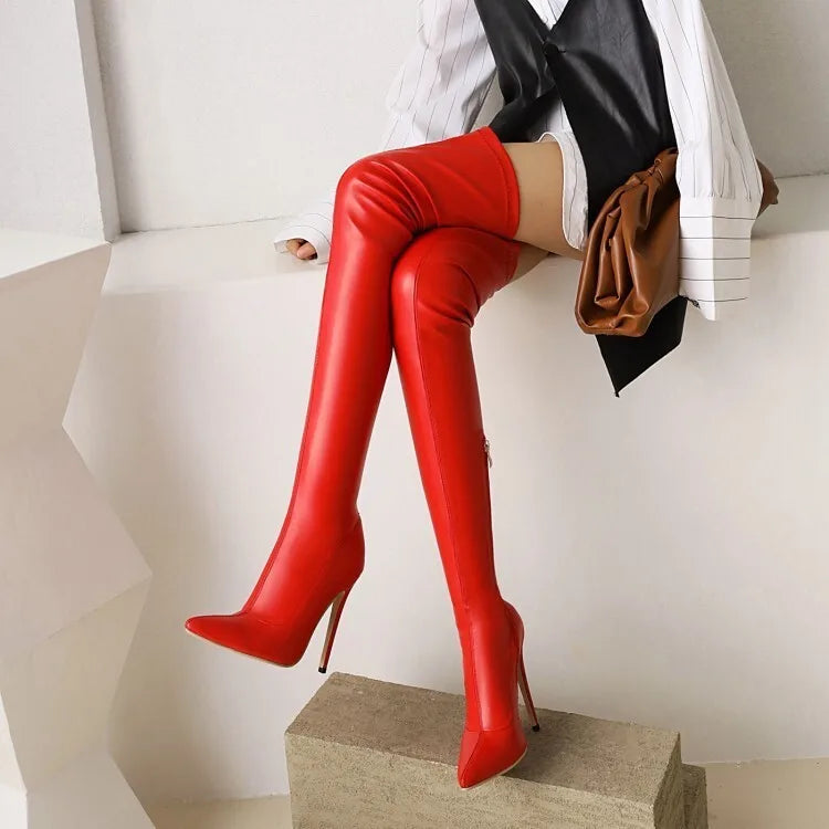 Botas por encima de la rodilla para mujer, tacones altos sexys, color negro, con cremallera lateral, botas altas hasta el muslo, zapatos femeninos, talla 46