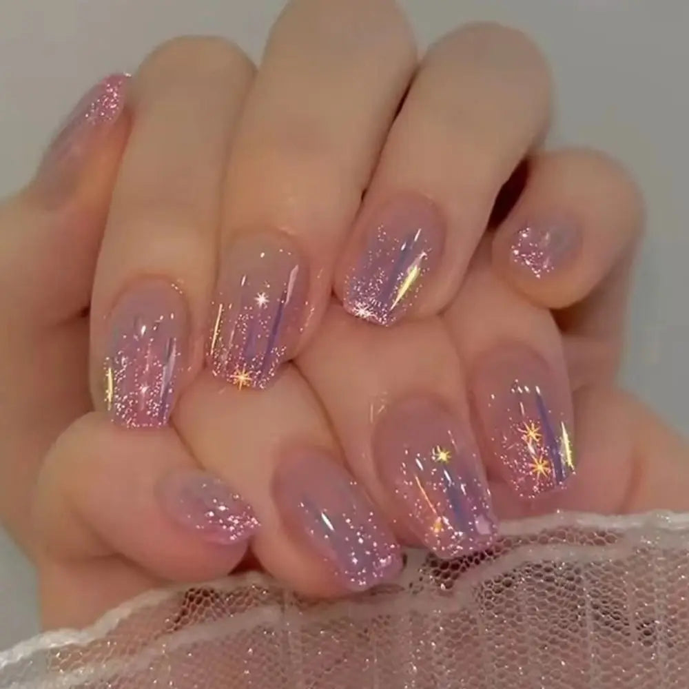 24 Uñas Postizas Degradadas Francesas Estilo Bailarina, Resistentes al Agua, Forma Ataúd Mediano, Uñas Falsas, Puntas de Uñas a Presión