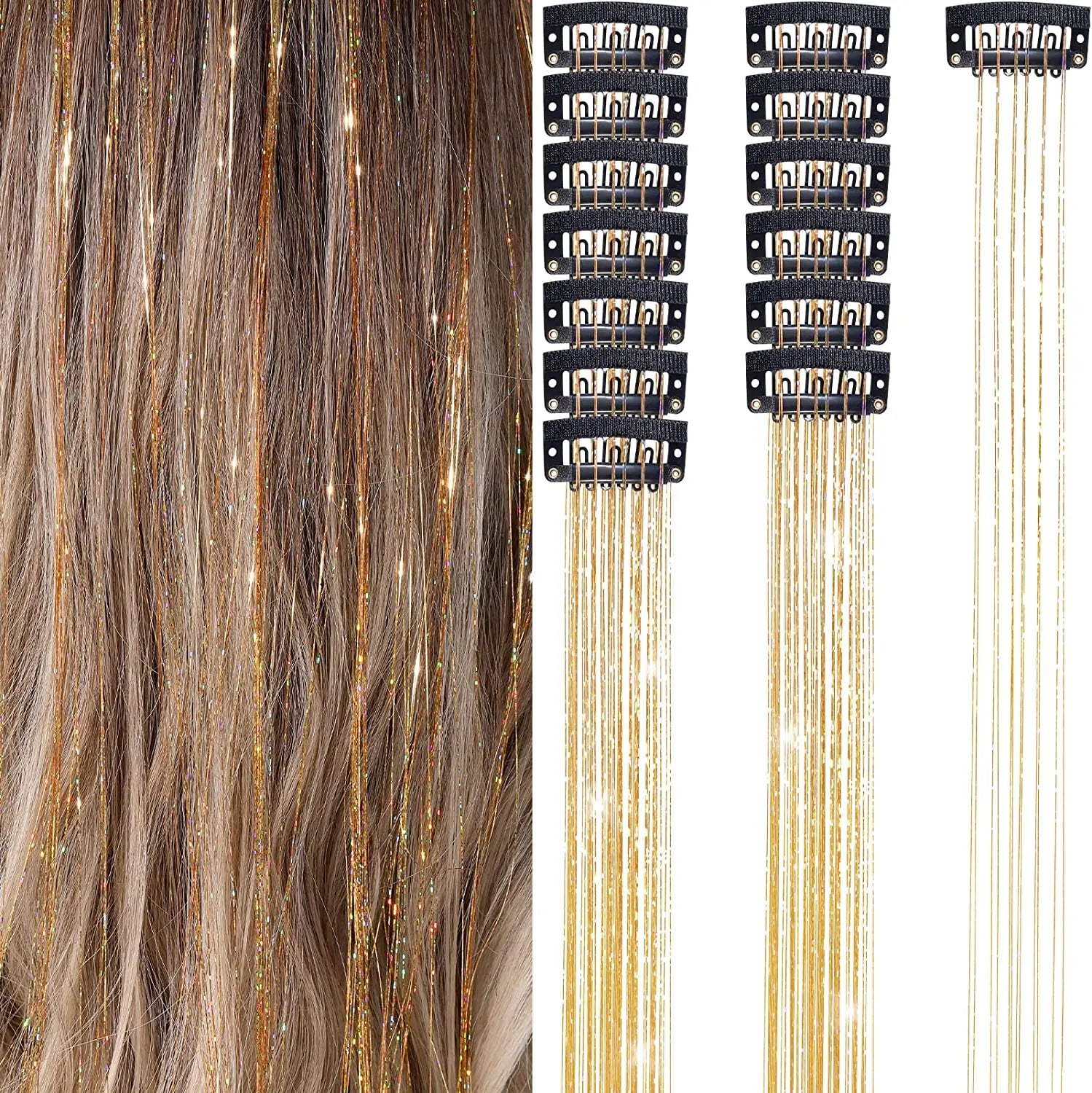 6 uds 50cm chispeantes pelo brillante oropel extensiones de cabello oropel extensiones de Clip de pelo sintético mujeres para tocado trenzado