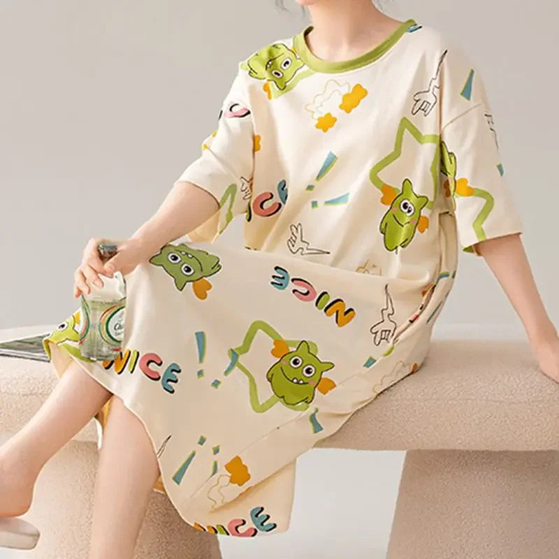 100% ALGODÓN! Camisón de verano para mujer de talla grande M-4XL, nuevo camisón antibacteriano HQ, camisón de manga corta, vestido informal