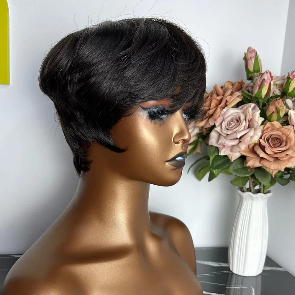 Peluca corta de corte Pixie, cabello humano para mujeres negras, pelucas hechas a máquina con flequillo, peluca corta, pelucas de cabello humano