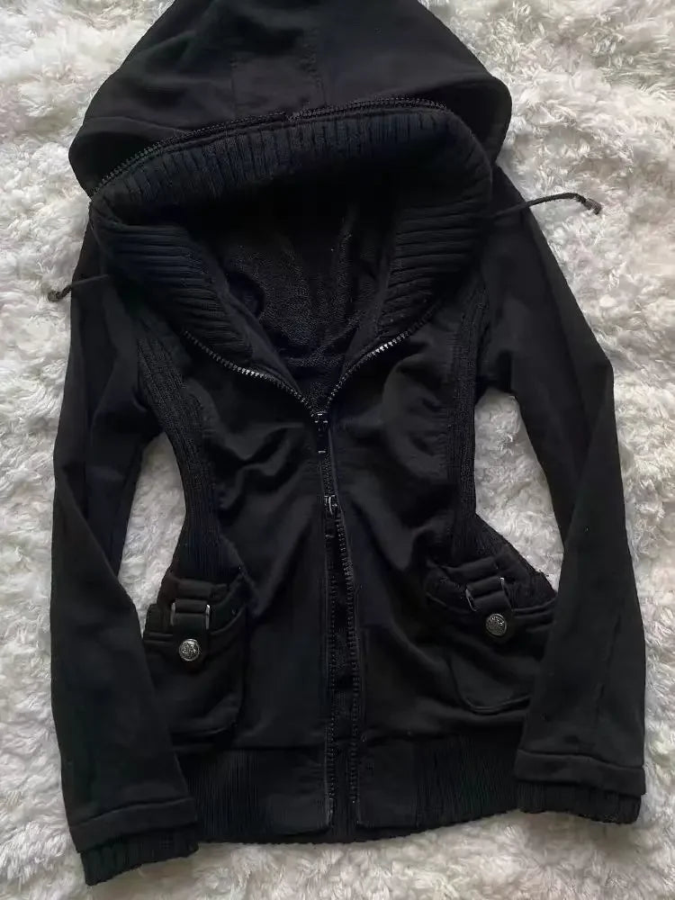 Sudadera con capucha informal para mujer, sudaderas góticas Retro, estilo Punk Hip Hop, cárdigan multifuncional de calle alta, nueva tendencia, color negro