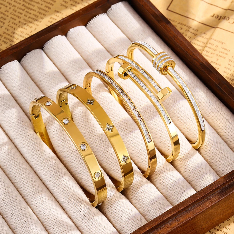 Pulsera apilable de acero de titanio para parejas, brazaletes de acero inoxidable con circonitas brillantes, color dorado, regalo de joyería para mujer