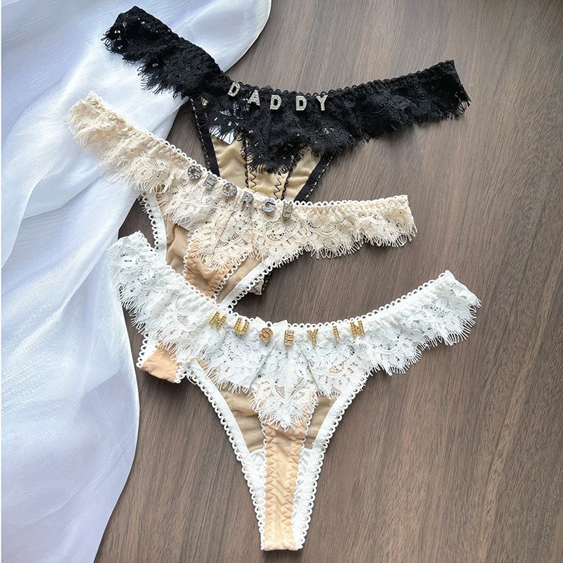 Tangas personalizadas para mujer, tanga con nombre de letra de cristal y espalda en T, Tanga Sexy de encaje personalizado con nombre, ropa interior, bragas