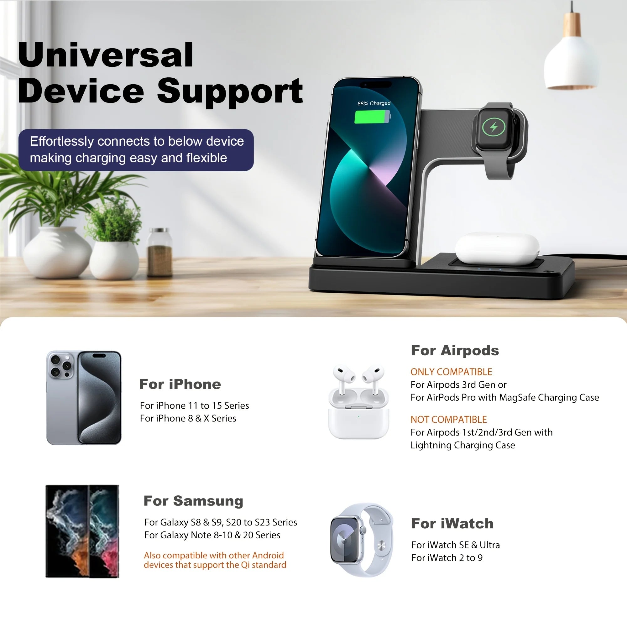 Soporte de cargador inalámbrico magnético 3 en 1, estación de carga rápida de 15W, múltiples dispositivos para iPhone 15 14 13 8 Apple Watch Airpods