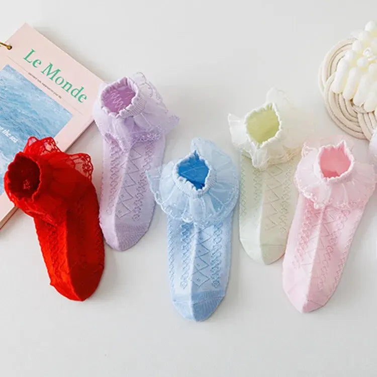 5 par/lote calcetines para niñas novedad de verano estilo de malla calcetines finos de algodón para bebés calcetines elásticos de encaje blanco flores calcetines de princesa para niños