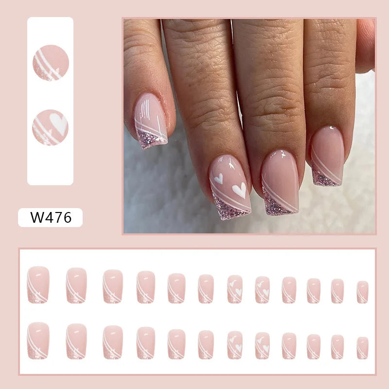 Dulce francés 24 Uds. De uñas postizas degradadas rosas, manicura de dedos artificiales brillantes, uñas postizas reutilizables para mujeres