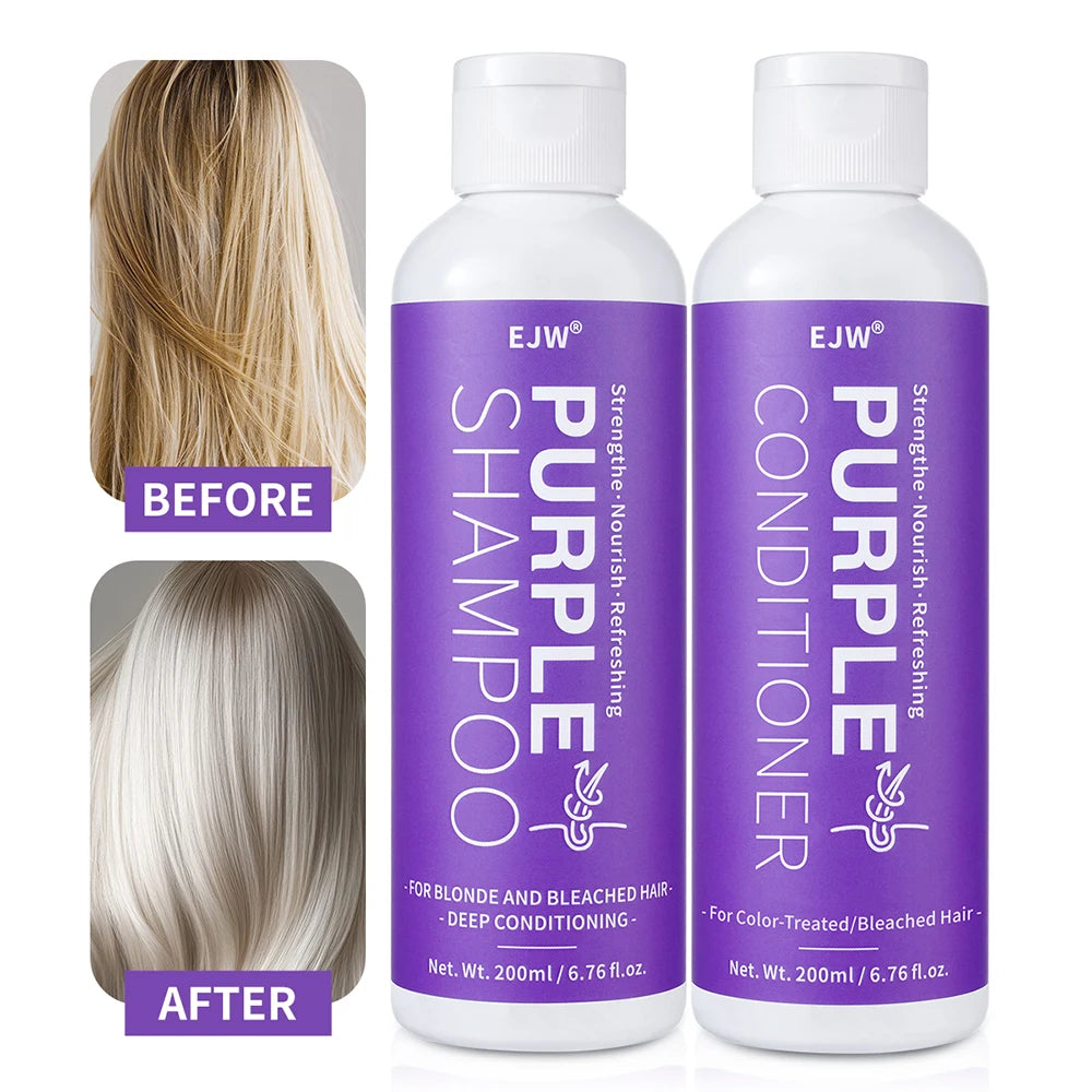 Set Champú y Acondicionador Morado para Rubio, Gris - Cabello Color Tratado - Infusido con Aceite de Cocos Nucifera para Rizado y Danificado