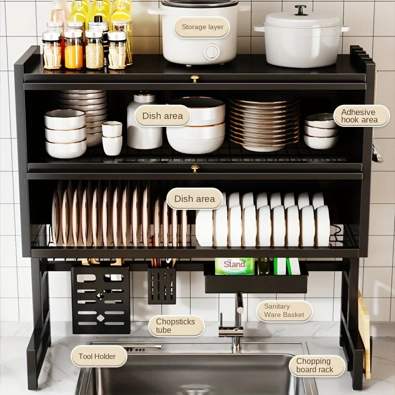 Estante para platos con soporte para utensilios para fregadero, organizador de acero al carbono a prueba de polvo para platos/cuchos/tableros de corte |     Cocina espacial