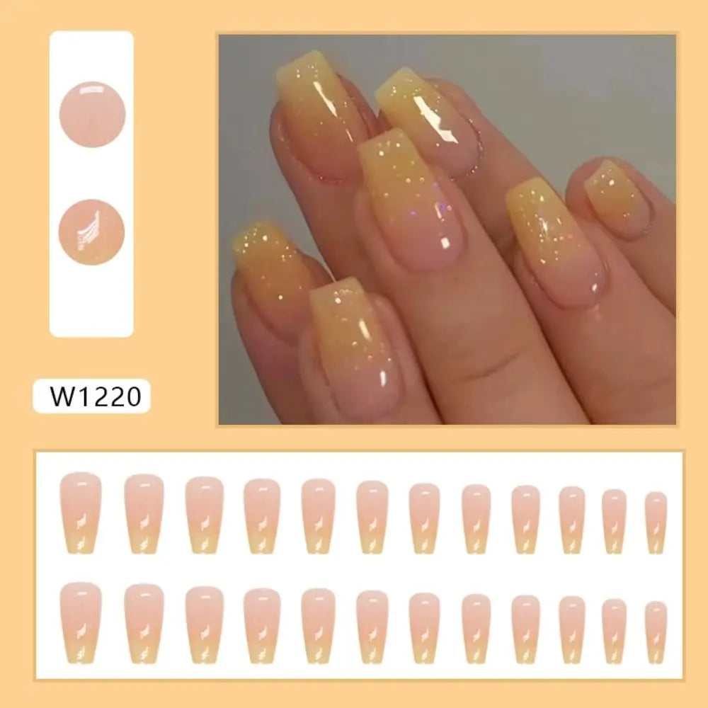 24 Uñas Postizas Degradadas Francesas Estilo Bailarina, Resistentes al Agua, Forma Ataúd Mediano, Uñas Falsas, Puntas de Uñas a Presión