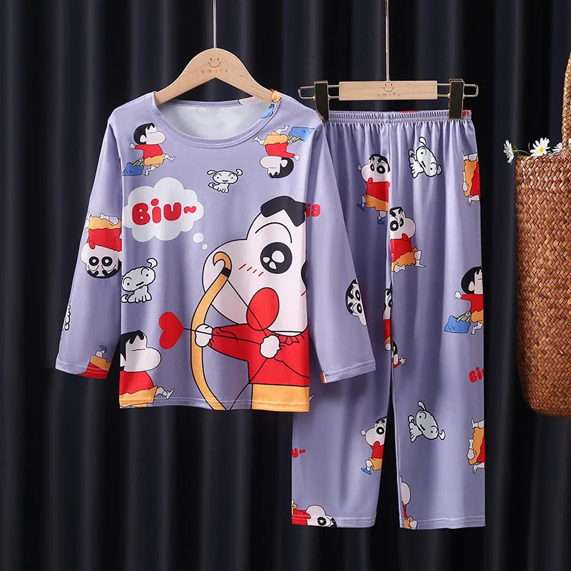 Anime 2 uds crayón de dibujos animados Shin-Chan pijamas para niños pantalones de manga larga conjunto Kawaii niñas lindo Casual ropa de dormir suelta