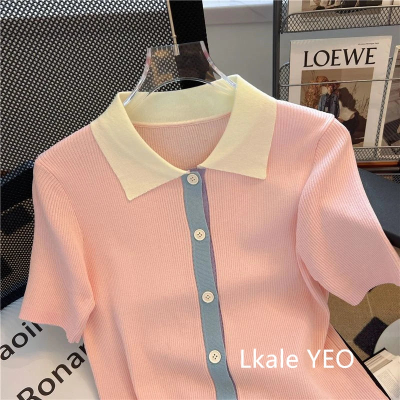 Primavera Verano 2025 diseño Sense Polo cuello mujer camiseta Casual cómoda Color contrastante Be All-match señoras Top de punto
