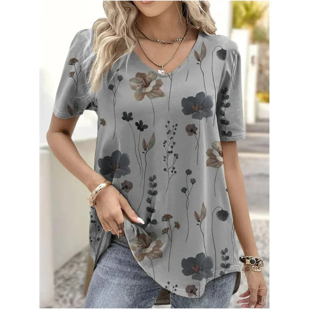 Camiseta con cuello en V para mujer, camiseta de manga corta con estampado 3D, camiseta informal holgada en blanco y negro, ropa de calle a la moda, jersey para mujer