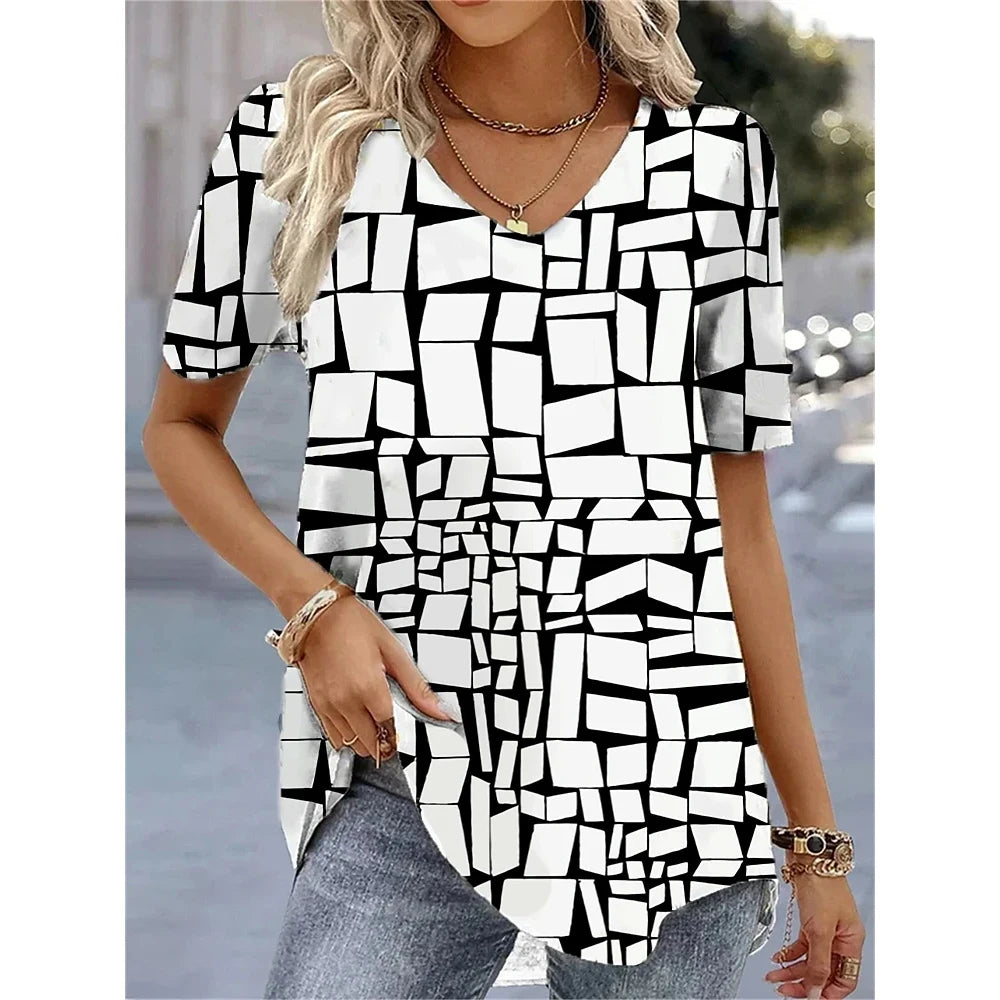 Camiseta con cuello en V para mujer, camiseta de manga corta con estampado 3D, camiseta informal holgada en blanco y negro, ropa de calle a la moda, jersey para mujer