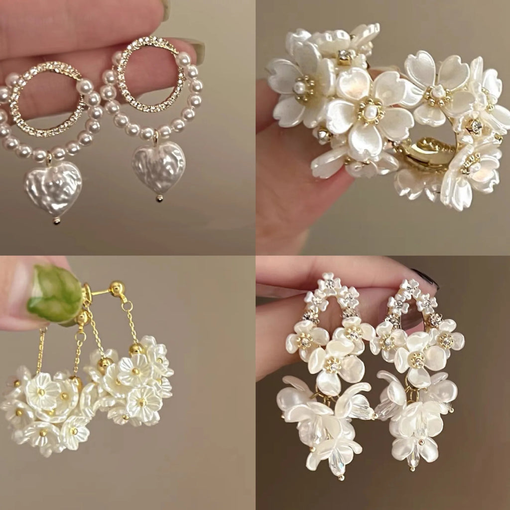 Pendientes de pétalos de flor de Camelia blanca de 24 estilos para mujer, pendientes de circonia con perlas de imitación de lujo, joyería para las orejas de verano para fiesta nupcial