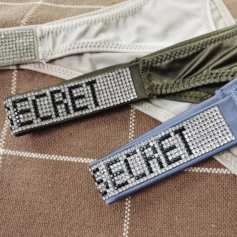 Tangas sexis de cintura baja para mujer, bragas con diamantes de imitación y letras, Tanga deportiva, pantalones cortos, calzoncillos con espalda en T, talla S-XL para Fitness