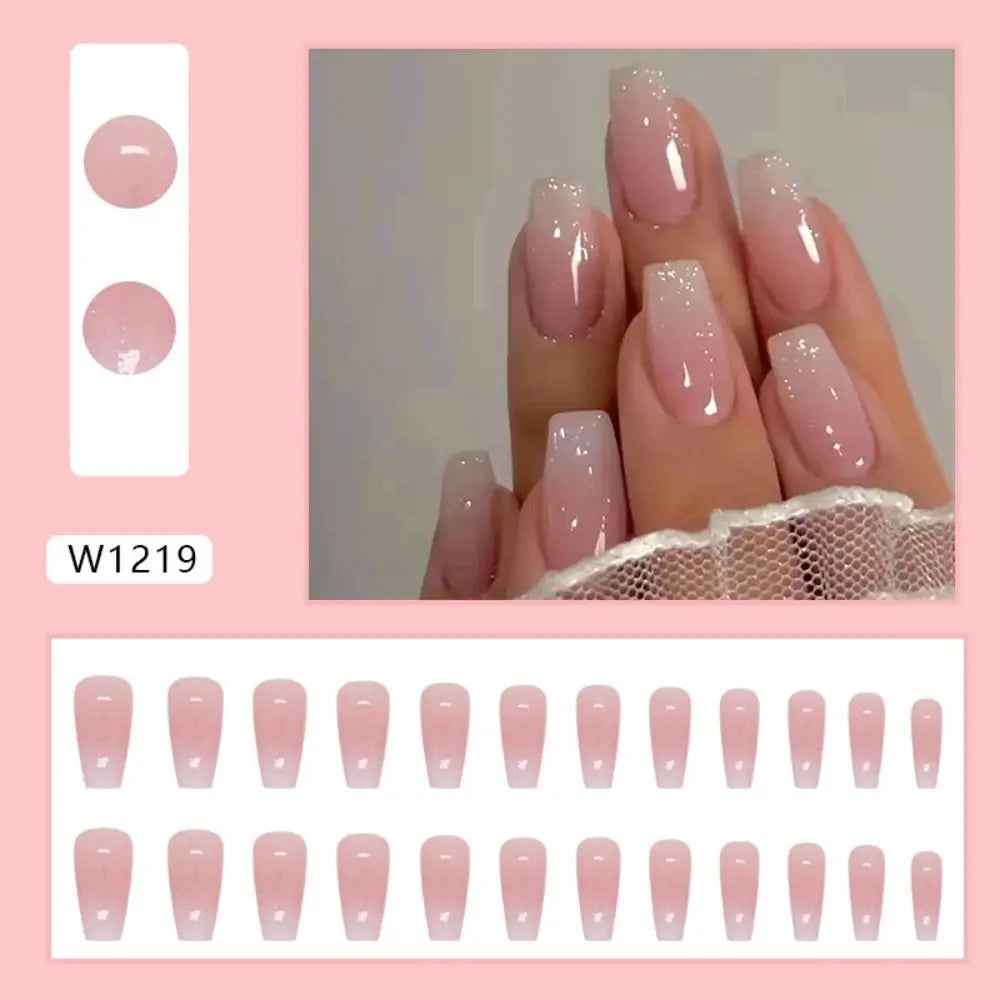 24 Uñas Postizas Degradadas Francesas Estilo Bailarina, Resistentes al Agua, Forma Ataúd Mediano, Uñas Falsas, Puntas de Uñas a Presión