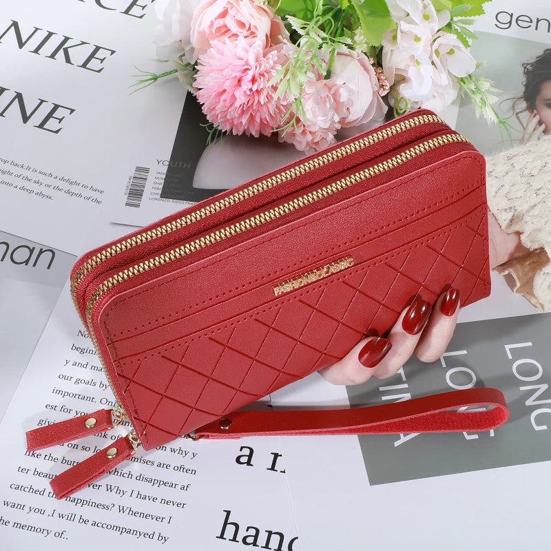 Cartera larga para mujer, monederos con borlas, tarjetero, billeteras con doble cremallera, bolso de mano de cuero Pu, bolso de lujo para dinero y teléfono