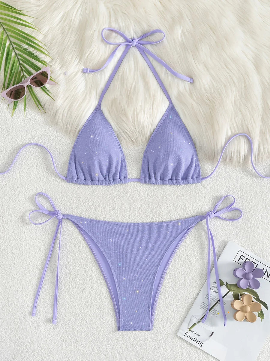 Bikini brillante con tiras y cuello Halter, Bikinis de corte alto para mujer, traje de baño para mujer, conjunto de Bikini de dos piezas, traje de baño 2025