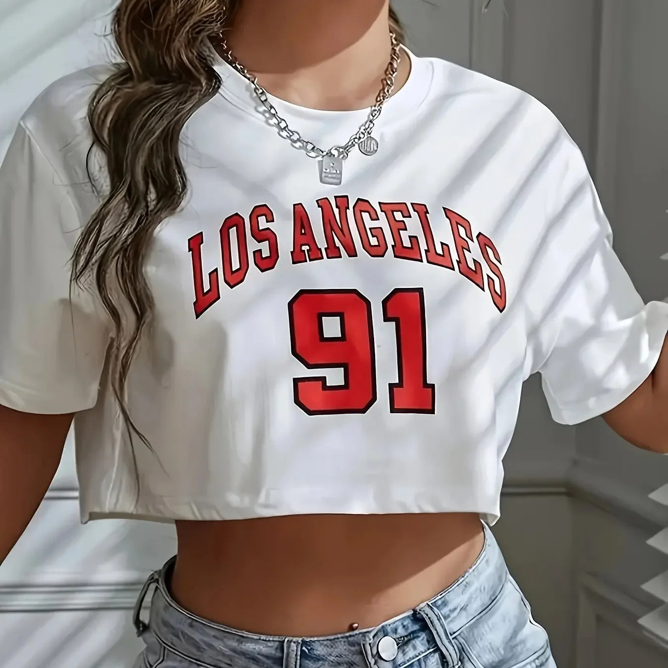 Camiseta Los Ángeles número 91 Brooklyn gráfico cuello redondo deportes Crop camiseta Casual Crop Top mujeres recortadas