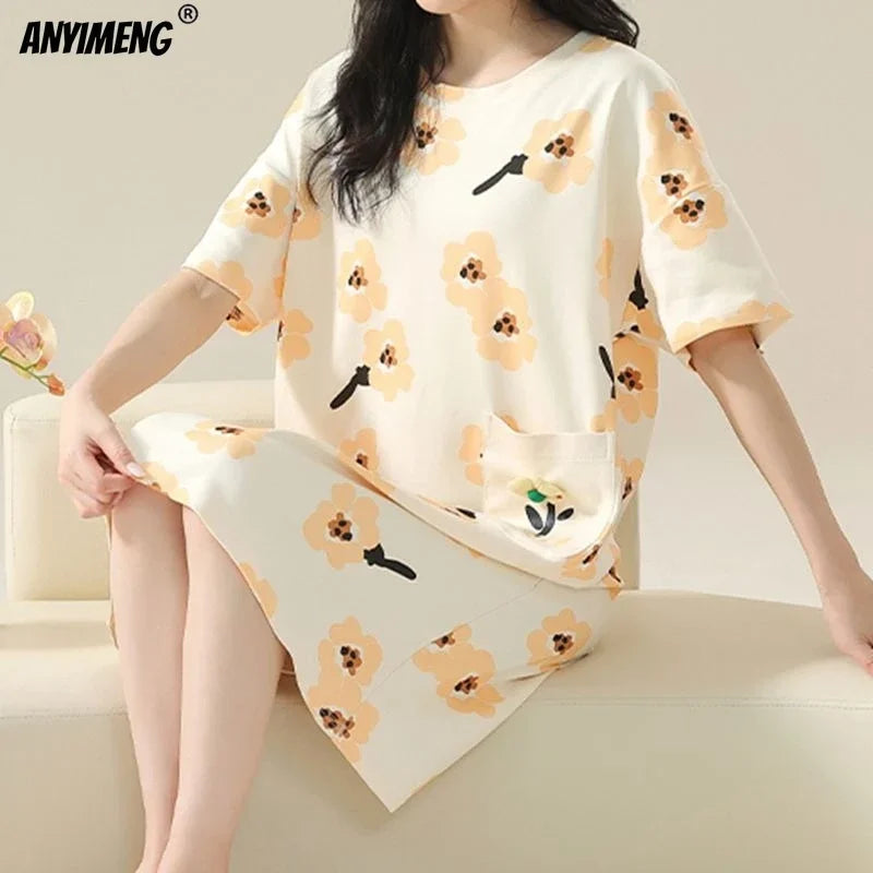 100% ALGODÓN! Camisón de verano para mujer de talla grande M-4XL, nuevo camisón antibacteriano HQ, camisón de manga corta, vestido informal