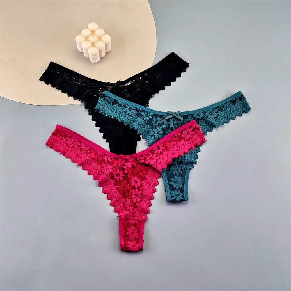 Paquete de 3 tangas de encaje para mujer, ropa interior transparente de cintura media, bragas femeninas con volantes, tallas grandes