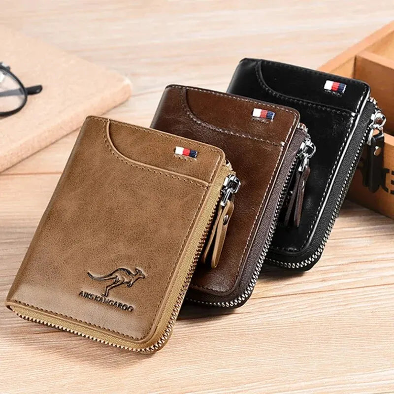 Cartera para hombre, tarjetero de cuero, monedero con cremallera, carteras de lujo para hombre, monederos con protección RFID, cartera Masculina de lujo