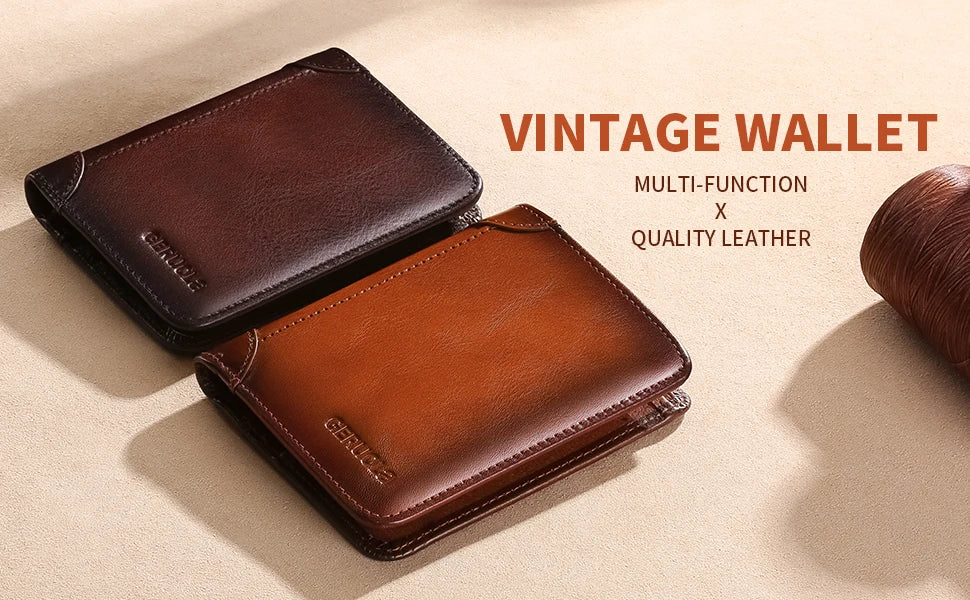 GERUOLA Cartera delgada de cuero genuino con protección RFID para hombre, tarjetero multifuncional para identificación y tarjeta de crédito, color marrón oscuro con adornos