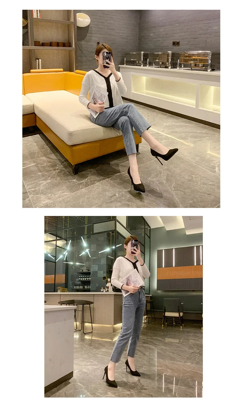 Primavera y otoño nuevos tacones altos negros Mujer boca poco profunda puntiaguda delgada con temperamento Sexy Zapatos individuales Zapatos De Mujer