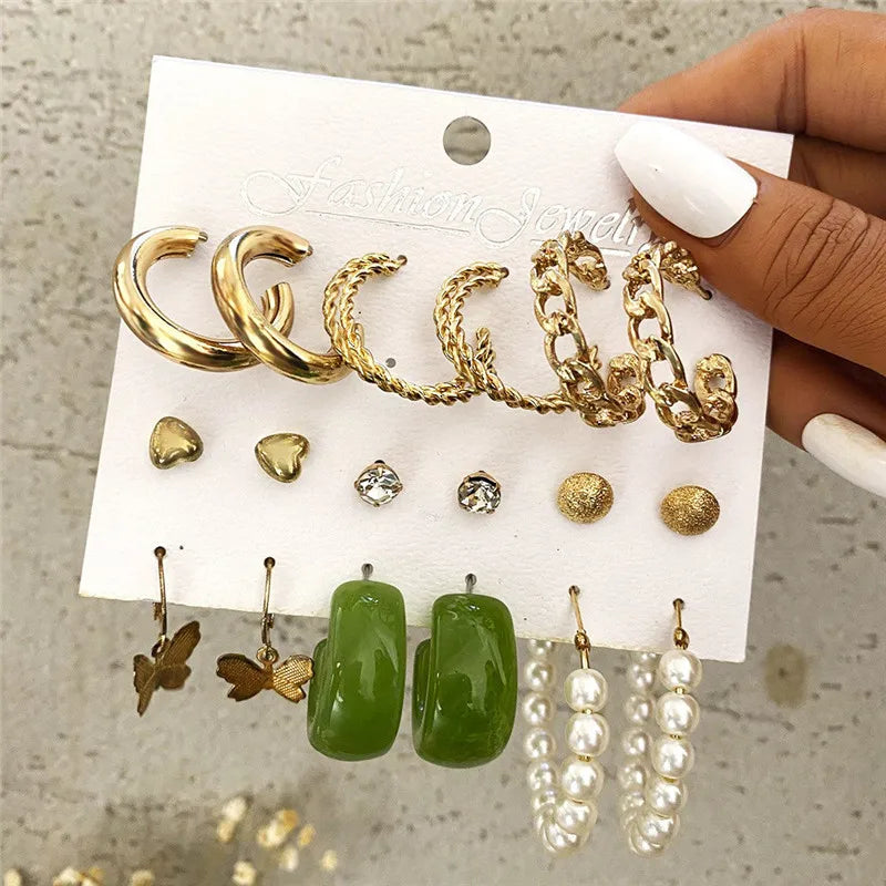 Conjunto de pendientes de aro bohemios de círculo grande para mujer, pendiente de perla Vintage bohemio de Color dorado, pendientes de circonita con forma de corazón, regalos de joyería
