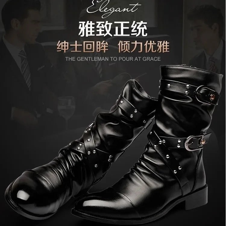 Botas de tubo medio de cuero de alta calidad para hombre, zapatos clásicos de moda para Otoño e Invierno, zapatos Punk Rock negros, informales para hombre y mujer de talla grande 38-48
