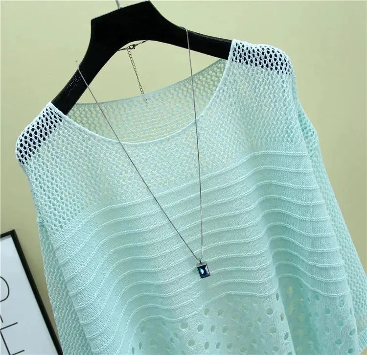 Primavera y novedad de verano, chaleco tejido de seda de hielo, Top calado, parte inferior fina, ropa de calle, camisa para mujer
