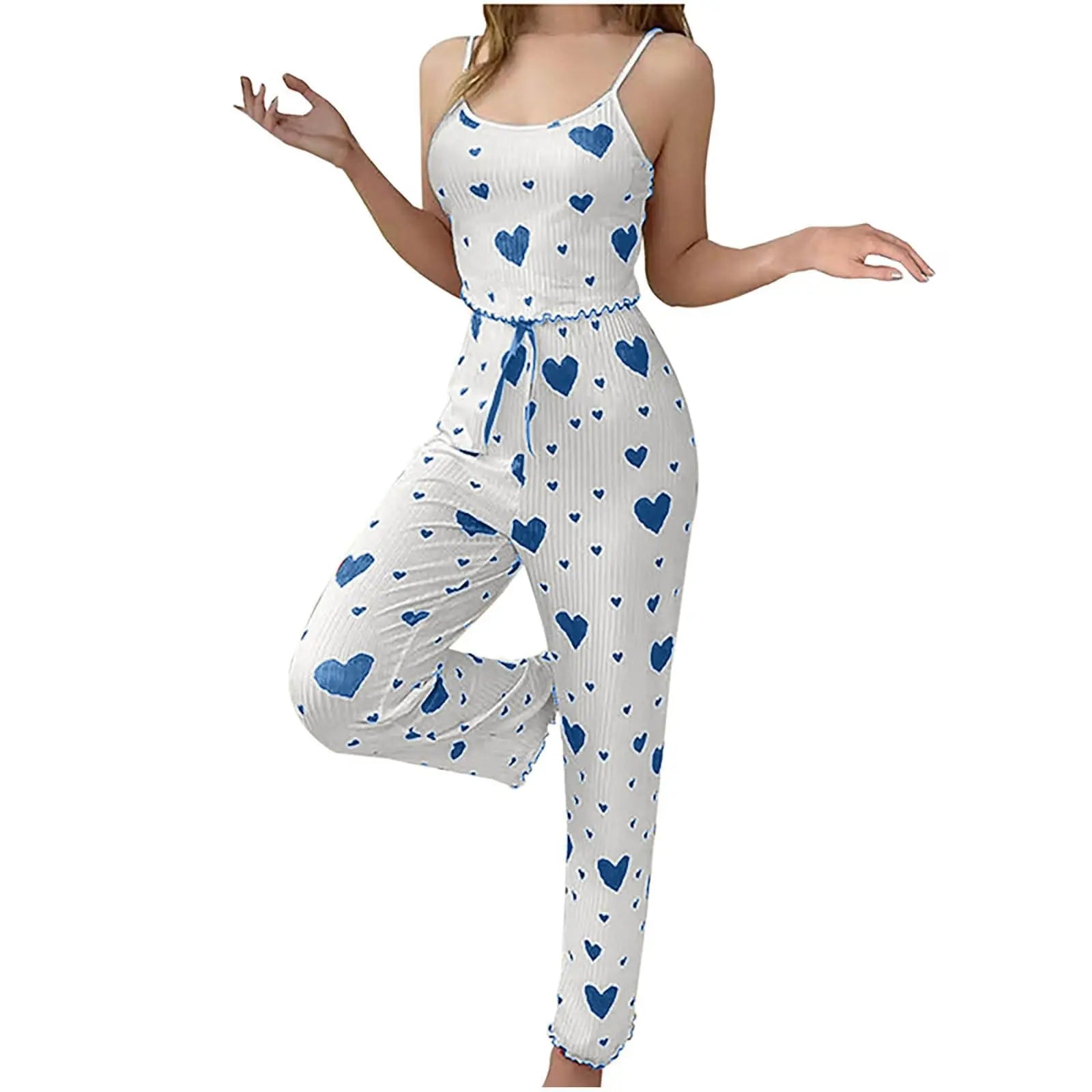 Conjunto de pijamas de talla grande para mujer, chaleco y pantalones sin mangas de 2 piezas, ropa de dormir blanca suave y transpirable, ropa de dormir informal con estampado de corazón rojo