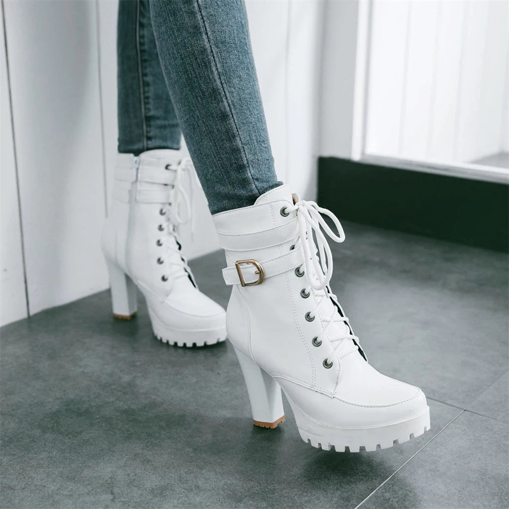 Zapatos de mujer Botas de moto Otoño Invierno Botas de mujer 2025 Botas de tobillo elegantes para mujer Plataformas de tacón alto Botas sexis con hebilla blanca