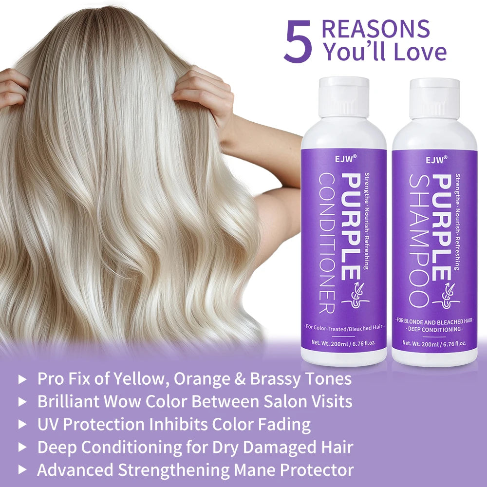Set Champú y Acondicionador Morado para Rubio, Gris - Cabello Color Tratado - Infusido con Aceite de Cocos Nucifera para Rizado y Danificado