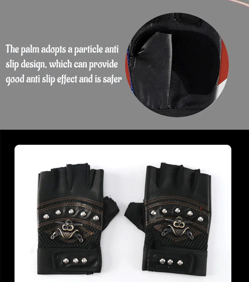 Guantes sin dedos de cuero PU de capitán pirata para hombre y mujer, manoplas con remaches de calaveras, guantes de gimnasio de Hip Hop, guantes de medio dedo para Moto femenina